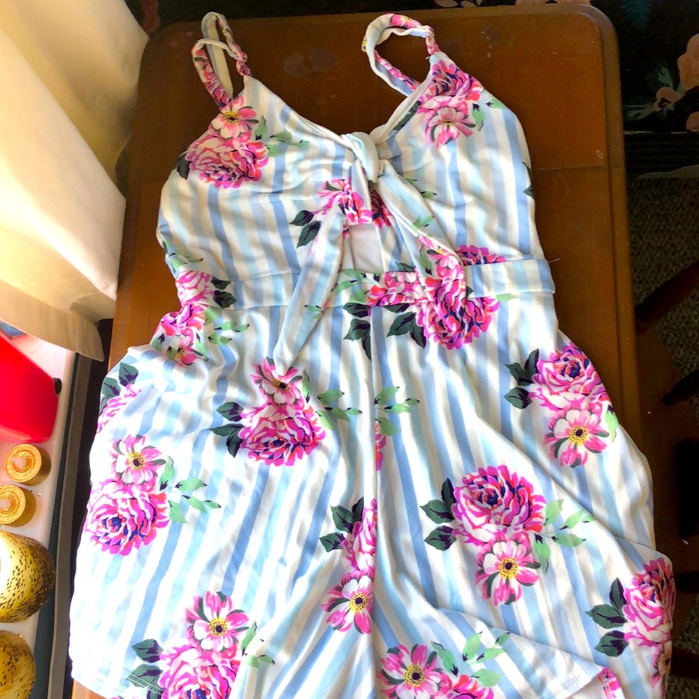 Blue white and pink floral romper